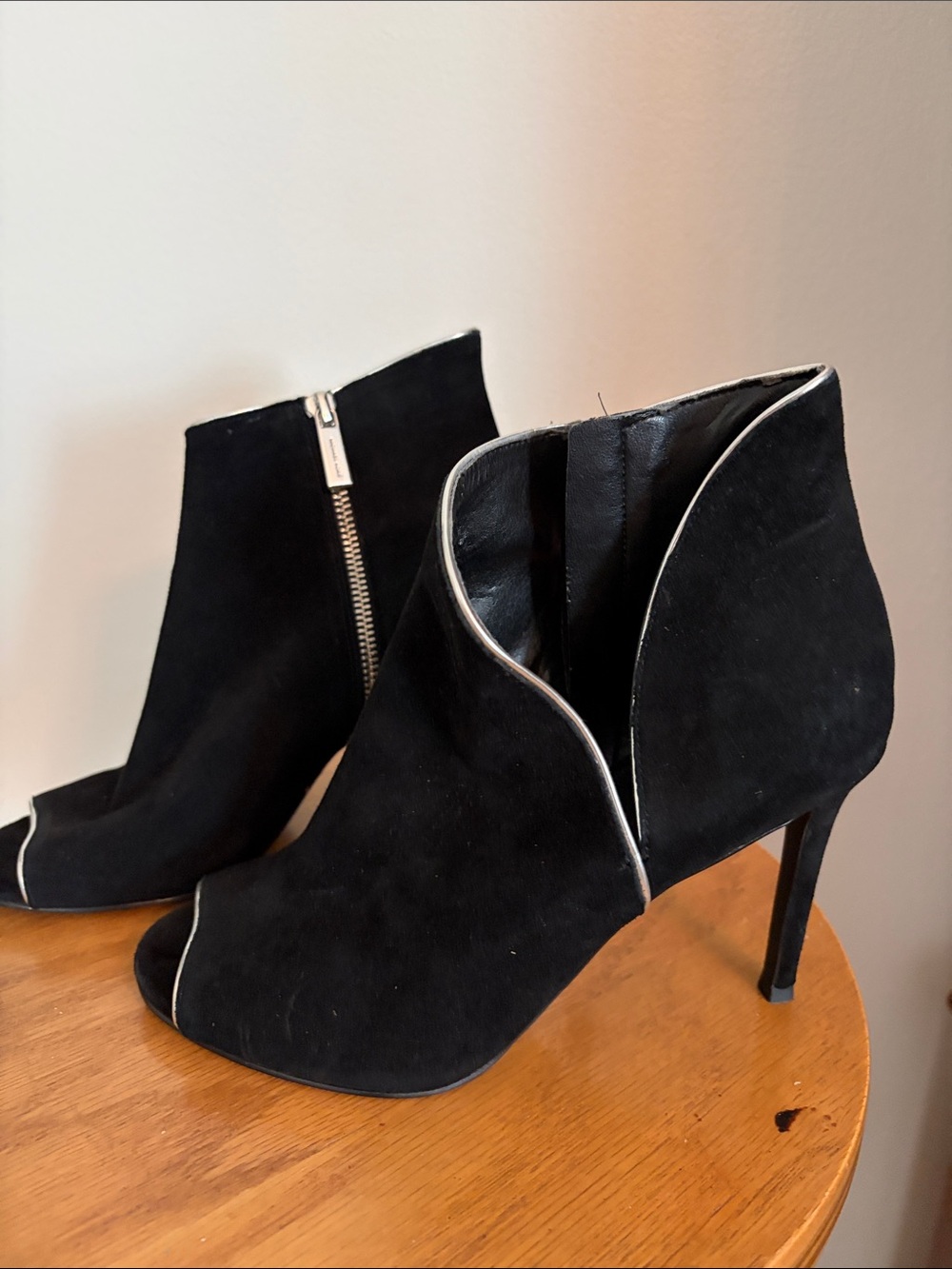 Michael Kors Black Suede Peep-Toe Ankle Booties with Silver Trim